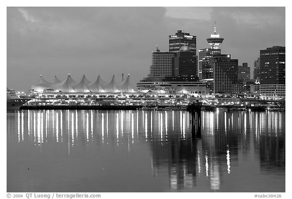 Canada Palace at night and Harbor Center at night. Vancouver, British Columbia, Canada (black and white)