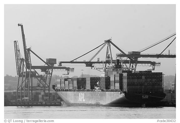 Container ship being loaded. Vancouver, British Columbia, Canada (black and white)