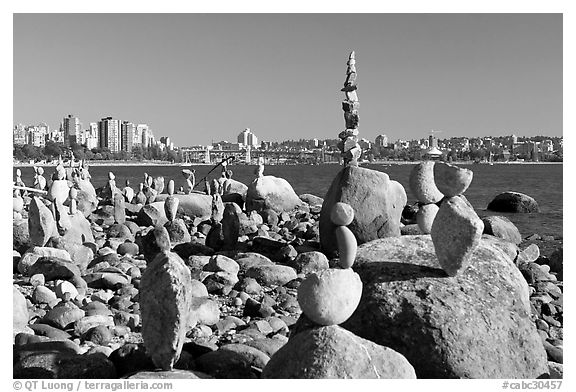 Balanced rocks and skyline, Stanley Park. Vancouver, British Columbia, Canada (black and white)