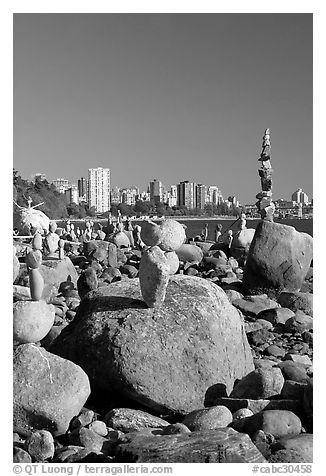 Balanced rocks and skyline, Stanley Park. Vancouver, British Columbia, Canada (black and white)