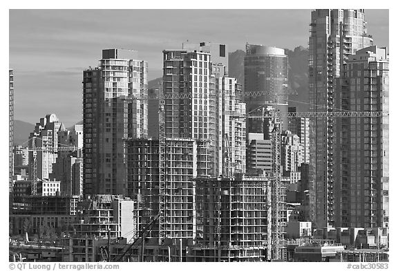 Skyline and  towers in construction. Vancouver, British Columbia, Canada (black and white)