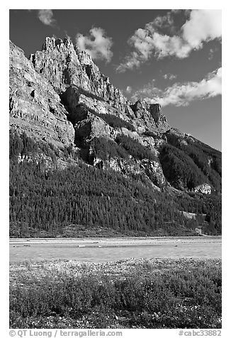 Mt Stephen and the Kicking Horse River, late afternoon. Yoho National Park, Canadian Rockies, British Columbia, Canada (black and white)