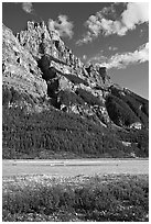 Mt Stephen and the Kicking Horse River, late afternoon. Yoho National Park, Canadian Rockies, British Columbia, Canada (black and white)