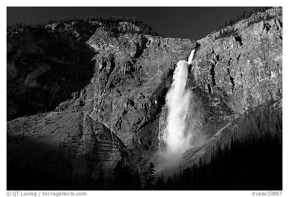 Clif and Takakkaw Falls, one the Canada's highest waterfalls. Yoho National Park, Canadian Rockies, British Columbia, Canada (black and white)