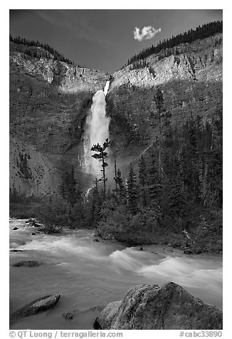 Last light on Takakkaw Falls. Yoho National Park, Canadian Rockies, British Columbia, Canada (black and white)