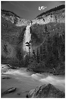 Last light on Takakkaw Falls. Yoho National Park, Canadian Rockies, British Columbia, Canada (black and white)