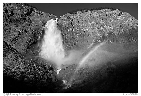 Takakkaw Falls and rainbow, late afternoon. Yoho National Park, Canadian Rockies, British Columbia, Canada (black and white)