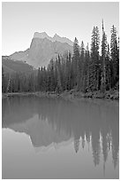 Mount Burgess reflected in Emerald Lake, sunset. Yoho National Park, Canadian Rockies, British Columbia, Canada (black and white)