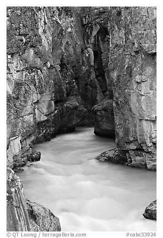 Tokkum Creek at the entrance of narrows of Marble Canyon. Kootenay National Park, Canadian Rockies, British Columbia, Canada (black and white)