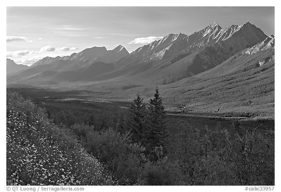 Kootenay Valley and Mitchell Range, from Kootenay Valley viewpoint, late afternoon. Kootenay National Park, Canadian Rockies, British Columbia, Canada (black and white)