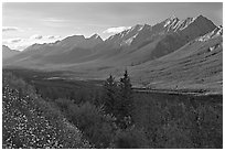 Kootenay Valley and Mitchell Range, from Kootenay Valley viewpoint, late afternoon. Kootenay National Park, Canadian Rockies, British Columbia, Canada (black and white)