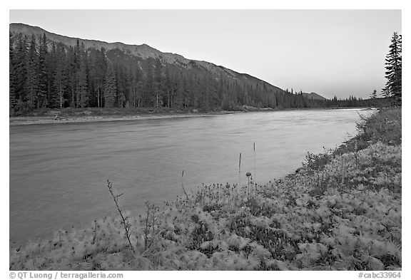 Kootenay River and Mitchell Range, sunset. Kootenay National Park, Canadian Rockies, British Columbia, Canada (black and white)