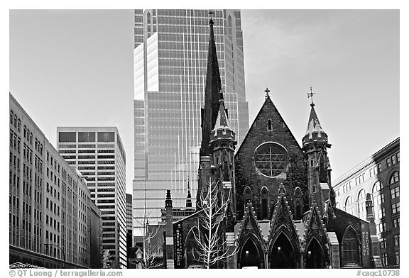 Church and modern buildings, Montreal. Quebec, Canada (black and white)