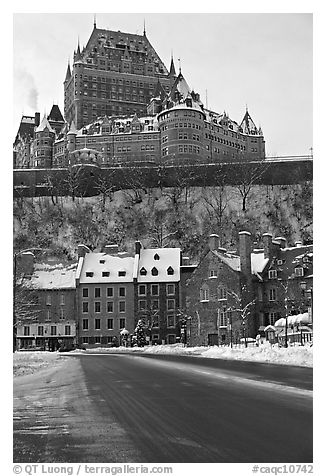 Chateau Frontenac on an overcast winter day, Quebec City. Quebec, Canada (black and white)