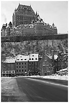 Chateau Frontenac on an overcast winter day, Quebec City. Quebec, Canada ( black and white)
