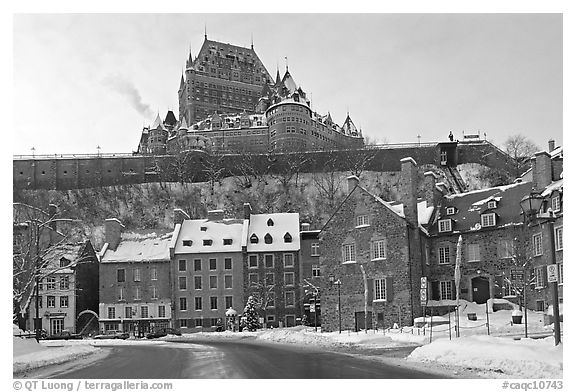 Chateau Frontenac on an overcast winter day, Quebec City. Quebec, Canada (black and white)