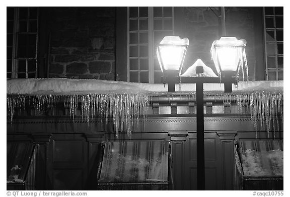 Lamp and icicles at night, Quebec City. Quebec, Canada (black and white)