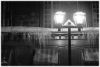 Lamp and icicles at night, Quebec City. Quebec, Canada ( black and white)