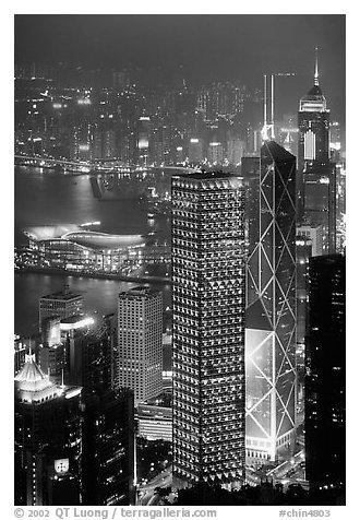 Bank of China (369m) and Cheung Kong Center (290m) buildings  from Victoria Peak by night. Hong-Kong, China (black and white)