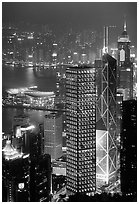 Bank of China (369m) and Cheung Kong Center (290m) buildings  from Victoria Peak by night. Hong-Kong, China (black and white)