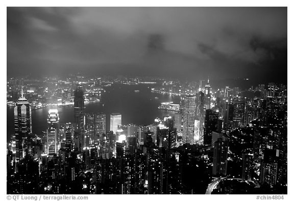 City lights from Victoria Peak by night. Hong-Kong, China