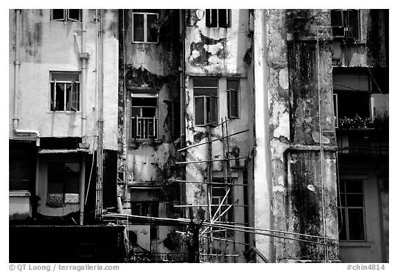 Facade of old buiding, Kowloon. Hong-Kong, China (black and white)