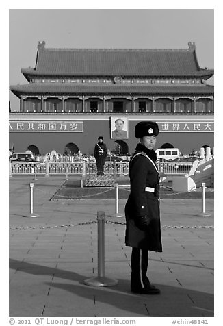 Guards and Tiananmen Gate, Tiananmen Square. Beijing, China (black and white)