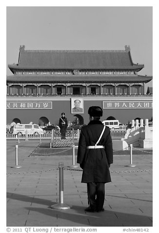 Gate of Heavenly Peace and guards, Tiananmen Square. Beijing, China (black and white)