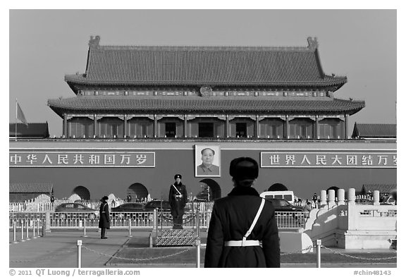 Tian'anmen Gate and guards, Tiananmen Square. Beijing, China (black and white)