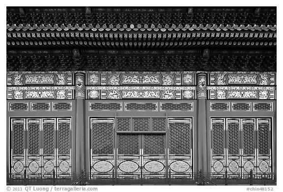 Facade detail in the back of the Hall of Preserving Harmony, Forbidden City. Beijing, China (black and white)