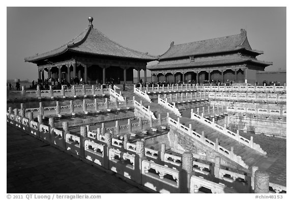 Hall of Middle Harmony and Hall of Preserving Harmony, Forbidden City. Beijing, China (black and white)