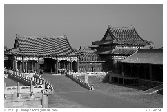 Corner Pavilion and gate, Front Court, Forbidden City. Beijing, China (black and white)