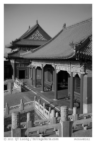 Pavilion with red columns and yellow roof tiles typical of imperial architecture, Forbidden City. Beijing, China