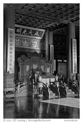 Throne inside Palace of Heavenly Purity, Forbidden City. Beijing, China (black and white)
