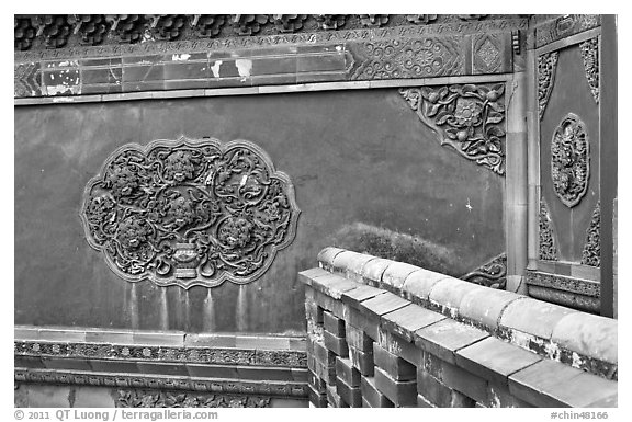 Wall detail with blazed building decoration, Forbidden City. Beijing, China (black and white)