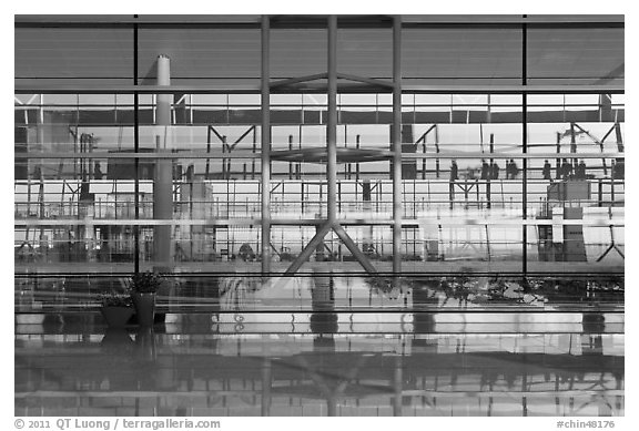 Reflections in glass and marble, Capital International Airport. Beijing, China (black and white)