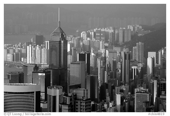 Modern skyscrapers seen from Victoria Peak, Hong-Kong island. Hong-Kong, China (black and white)