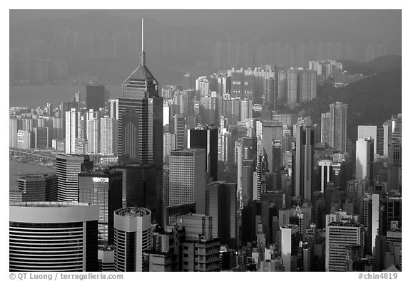 Modern skyscrapers seen from Victoria Peak, Hong-Kong island. Hong-Kong, China (black and white)