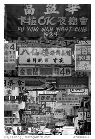 Street filled up with signs in Chinese, Kowloon. Hong-Kong, China