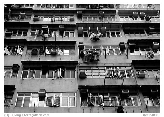 Detail of high-rise residential building in a popular district, Kowloon. Hong-Kong, China (black and white)