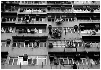Detail of high-rise residential building in a popular district, Kowloon. Hong-Kong, China (black and white)