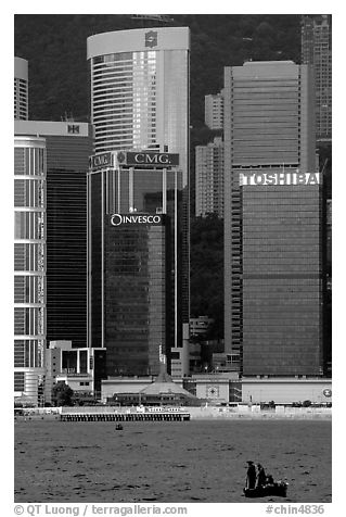 Small boat with a backdrop of skycrapers of Hong-Kong Island. Hong-Kong, China (black and white)