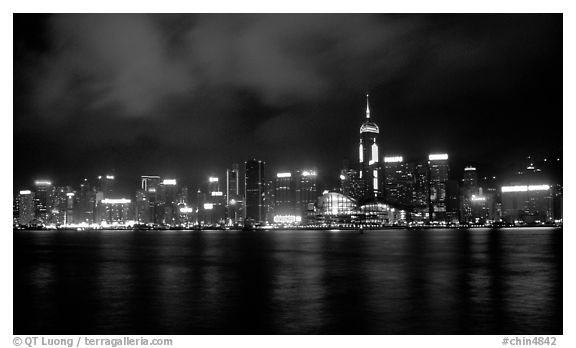 Colorful reflections of Hong-Kong Island lights across the harbor by night. Hong-Kong, China (black and white)