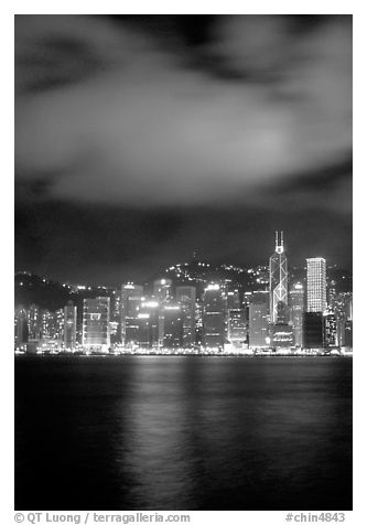 Hong-Kong Island across the harbor by night. Hong-Kong, China (black and white)