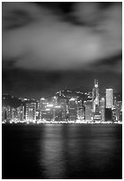 Hong-Kong Island across the harbor by night. Hong-Kong, China (black and white)