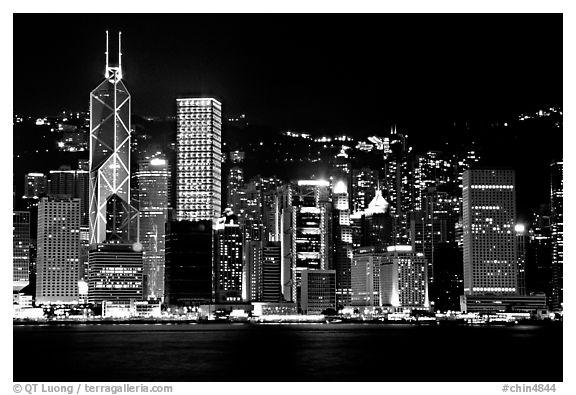 Hong-Kong skycrapers by harbor at night. Hong-Kong, China (black and white)