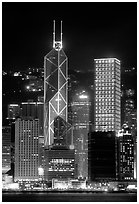 Bank of China (369m) and Cheung Kong Center (290m) buildings  across  harbor by night. Hong-Kong, China ( black and white)