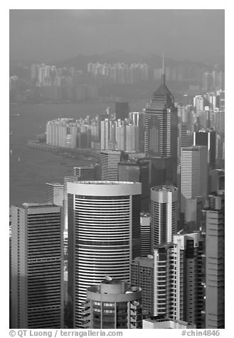 Modern high-rise buildings  from Victoria Peak, late afternoon, Hong-Kong Island. Hong-Kong, China (black and white)