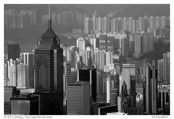 Skycrapers from Victoria Peak, late afternoon, Hong-Kong Island. Hong-Kong, China (black and white)