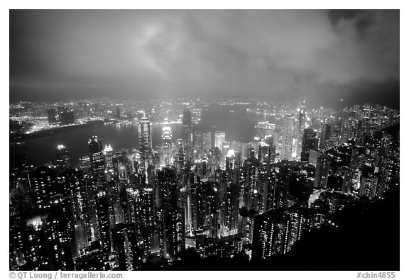 Hong-Kong night citiscape lights from Victoria Peak. Hong-Kong, China (black and white)